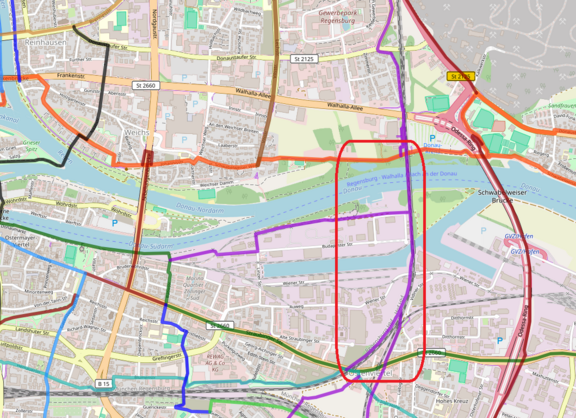 Ein Kartenausschnit der Regensburger Hauptradrouten zwischen Eiserner Brücke und Odessa-Allee