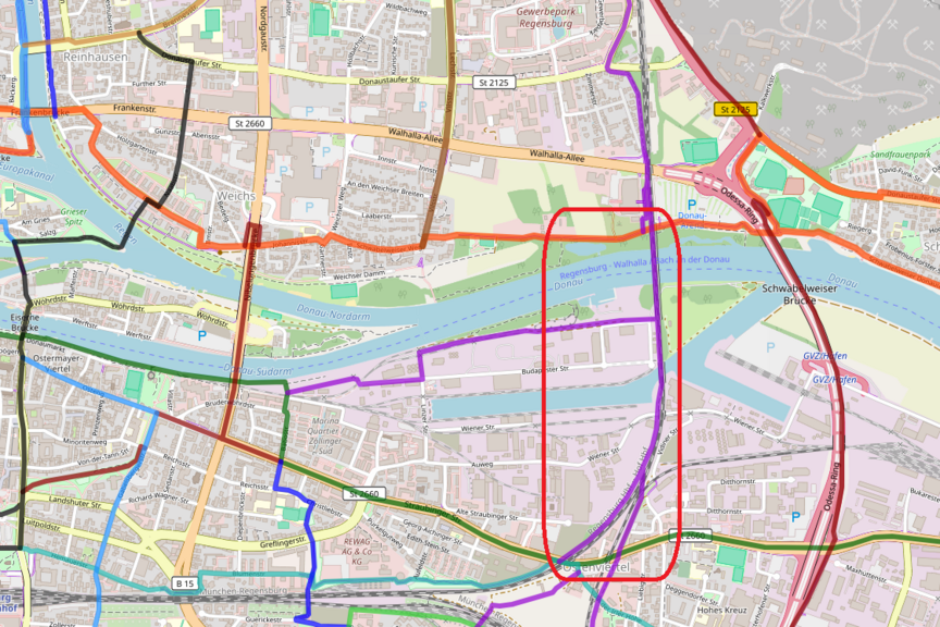 Screenshot Radmonitor Westhafen Ein Kartenausschnit der Regensburger Hauptradrouten zwischen Eiserner Brücke und Odessa-Allee