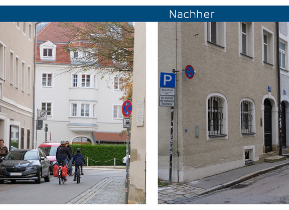 Vorher-Nachher-Ansicht der Andreasstraße: Vorher mit parkenden Autos, nachher ohne parkende Autos